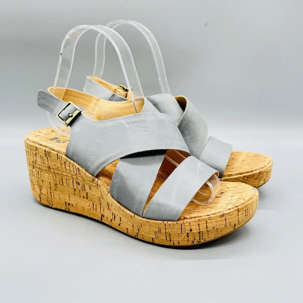 Korks Sandals Womens 8 Gray Leather Slingback Cork Wedge Platform Comfort Shoes